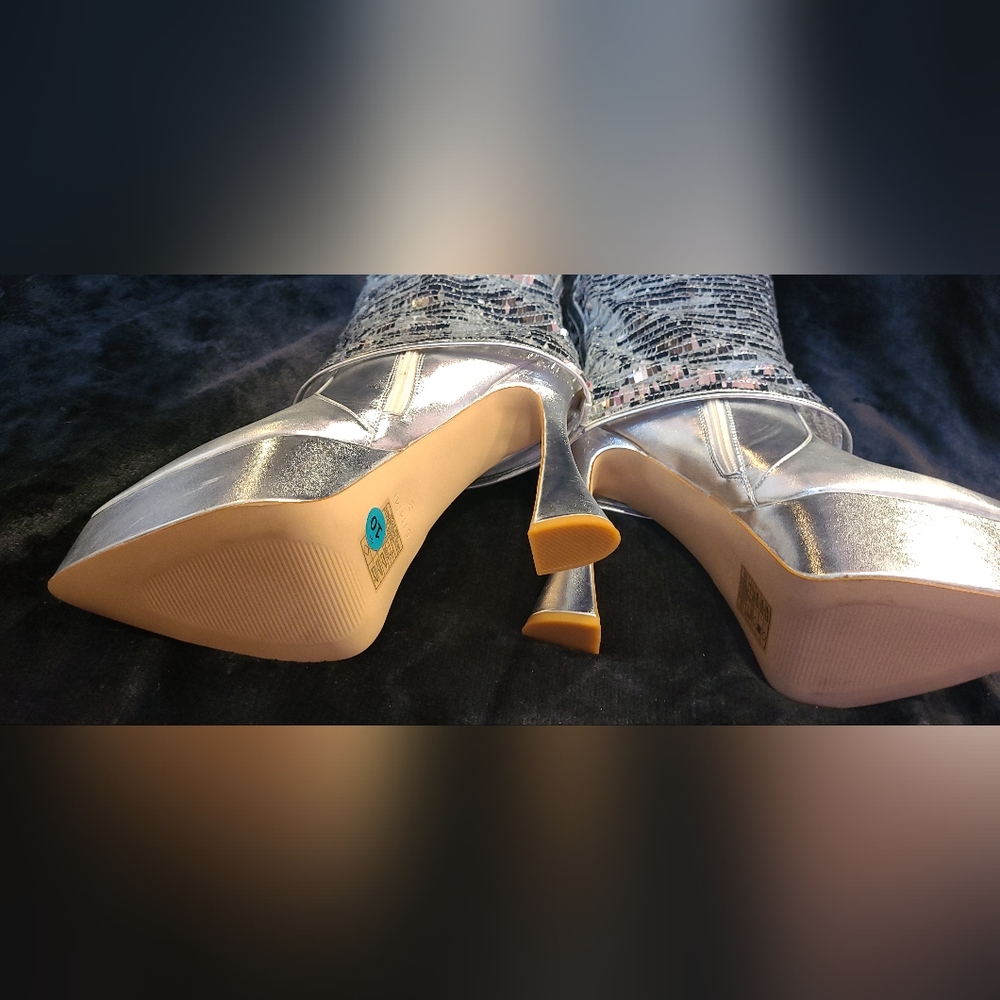 Silver Sequin Platform Mule Boots - Women's High Heel - Picture 12 of 15